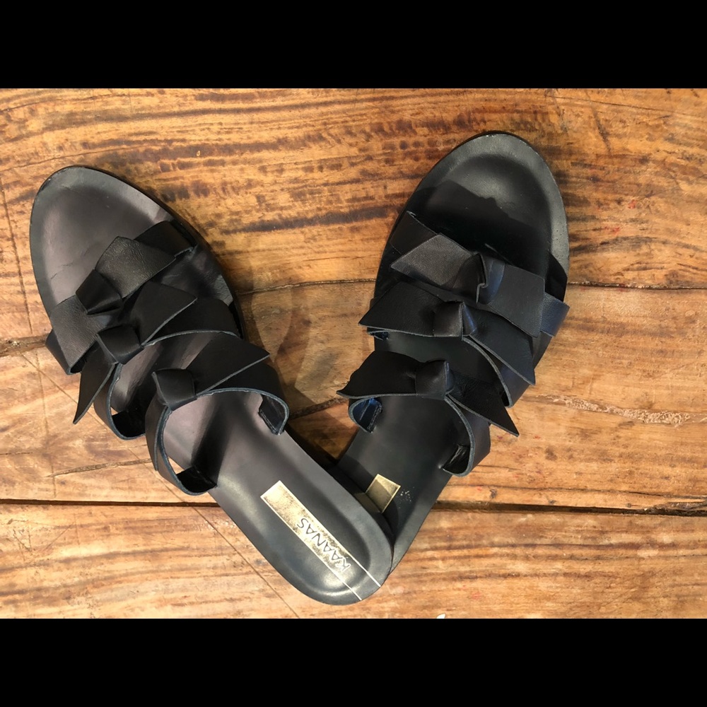 Kaanas Women’s Recife Sandals Strappy Leather+Bow Detail Black Size 8